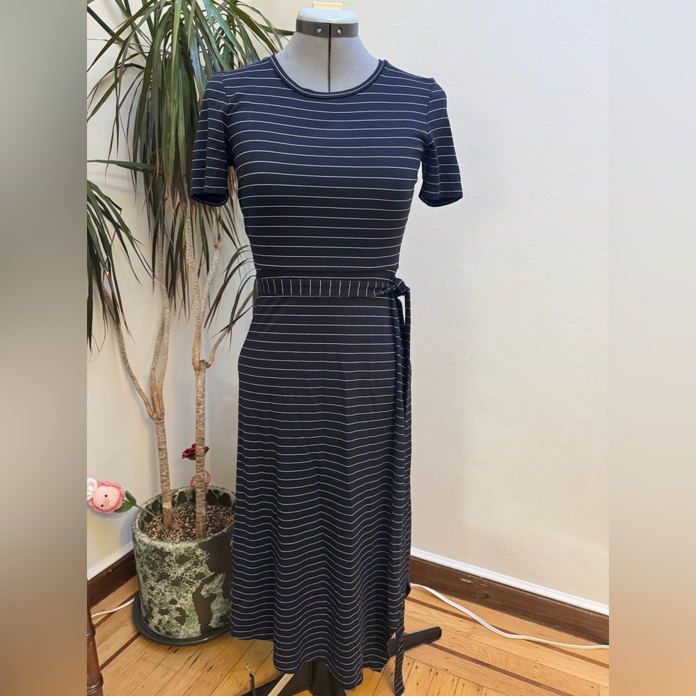 Club Monaco Navy Striped Asymmetrical Midi Dress w/ Waist Tie